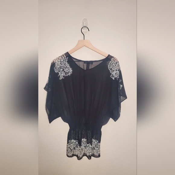 INC International Concepts Tops - Black Sheer Dress with White Lace Accents